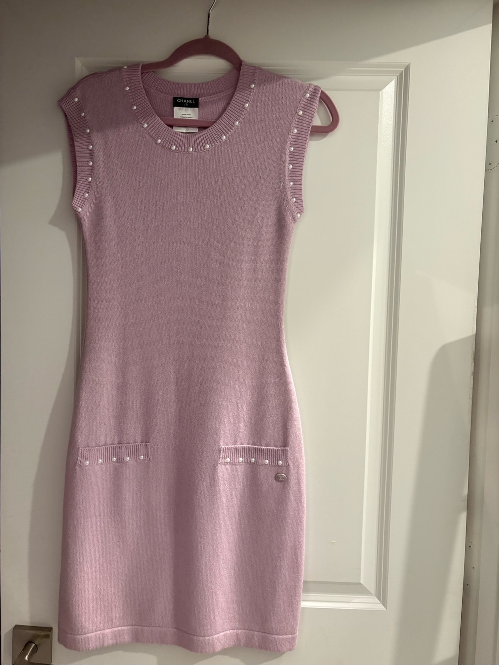 CHANEL Pink Pearl-Trim Sleeveless Knit Midi Dress